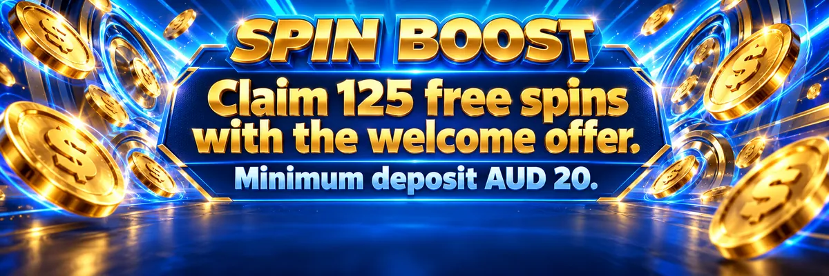 Glowing metallic coins orbit a bright free-spins promotion panel beside a large trophy.